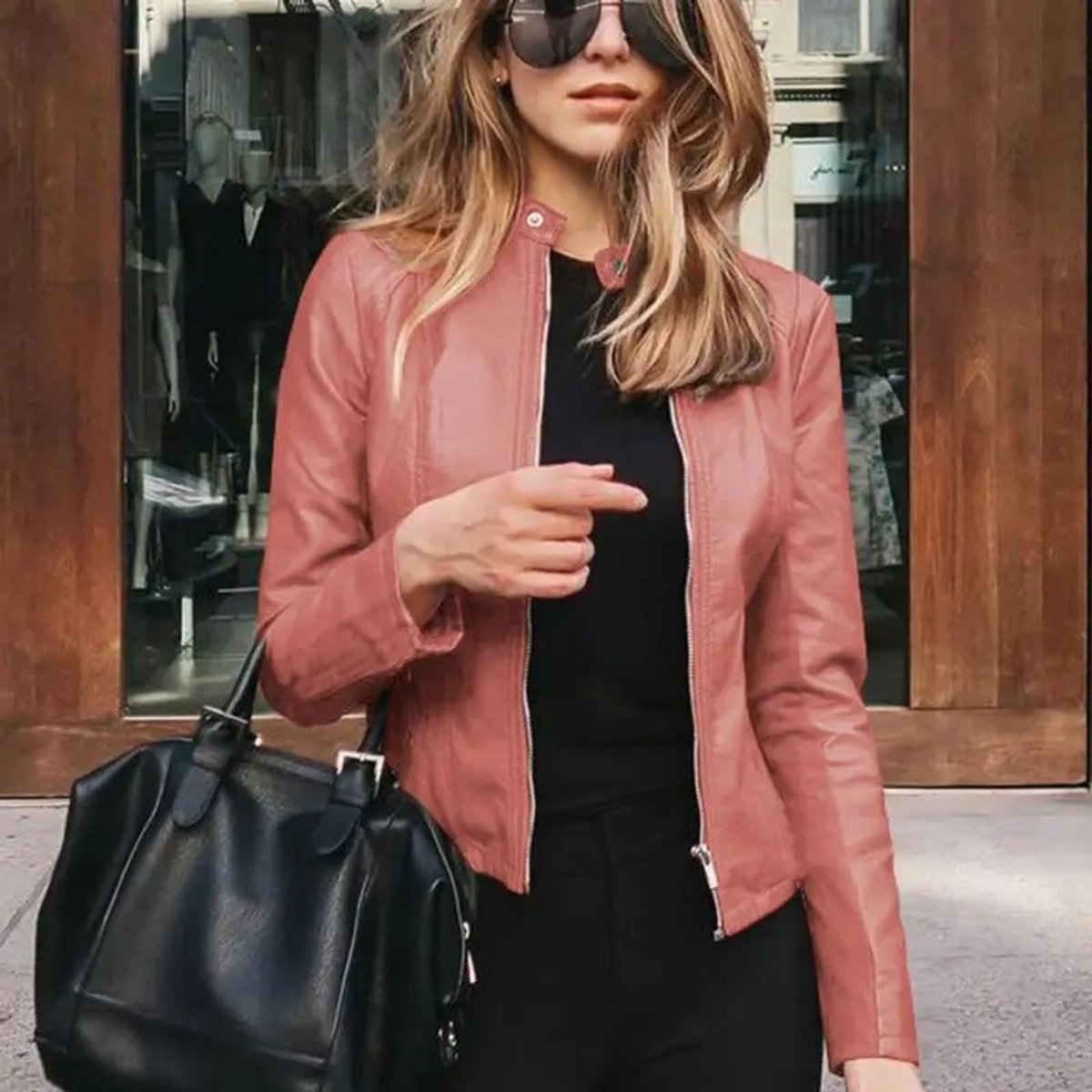 Cropped Stand Collar Faux Leather Zip Jacket