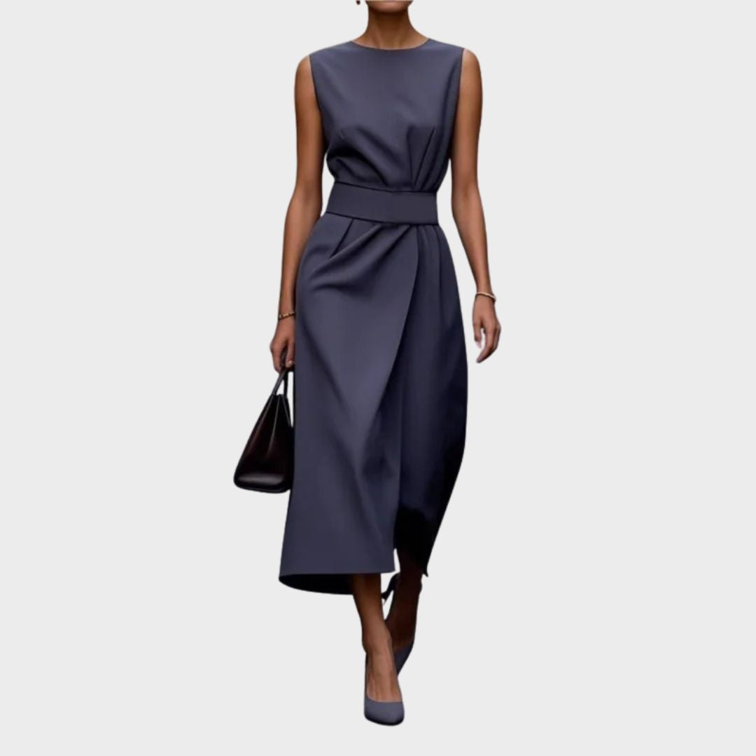 Sleeveless Pleated Waist Midi Dress With Side Slit