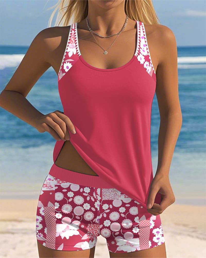 Sleeveless Printed Tankini Boy Short Set