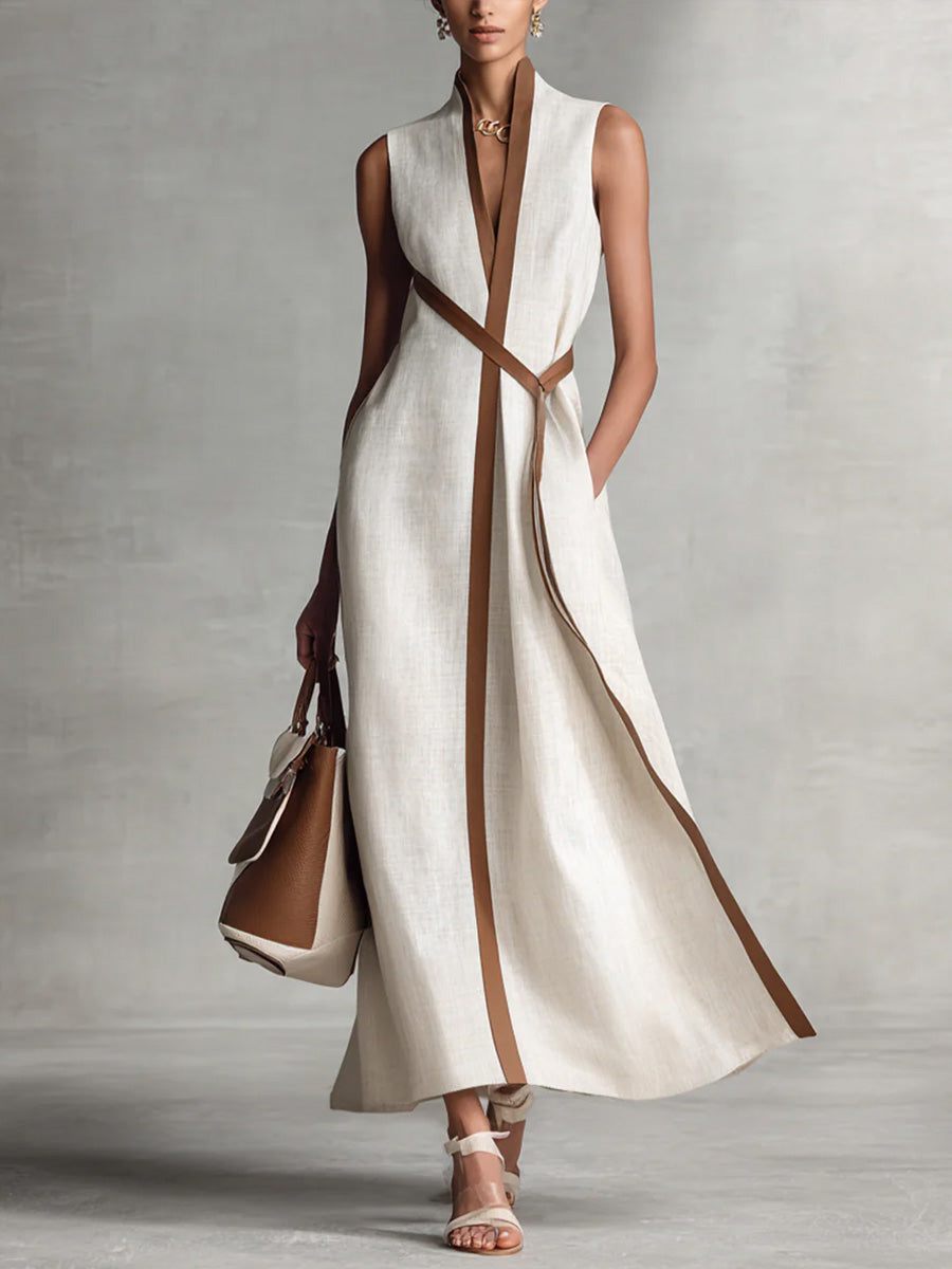 Sleeveless Linen Blend Midi Dress With Mandarin Collar