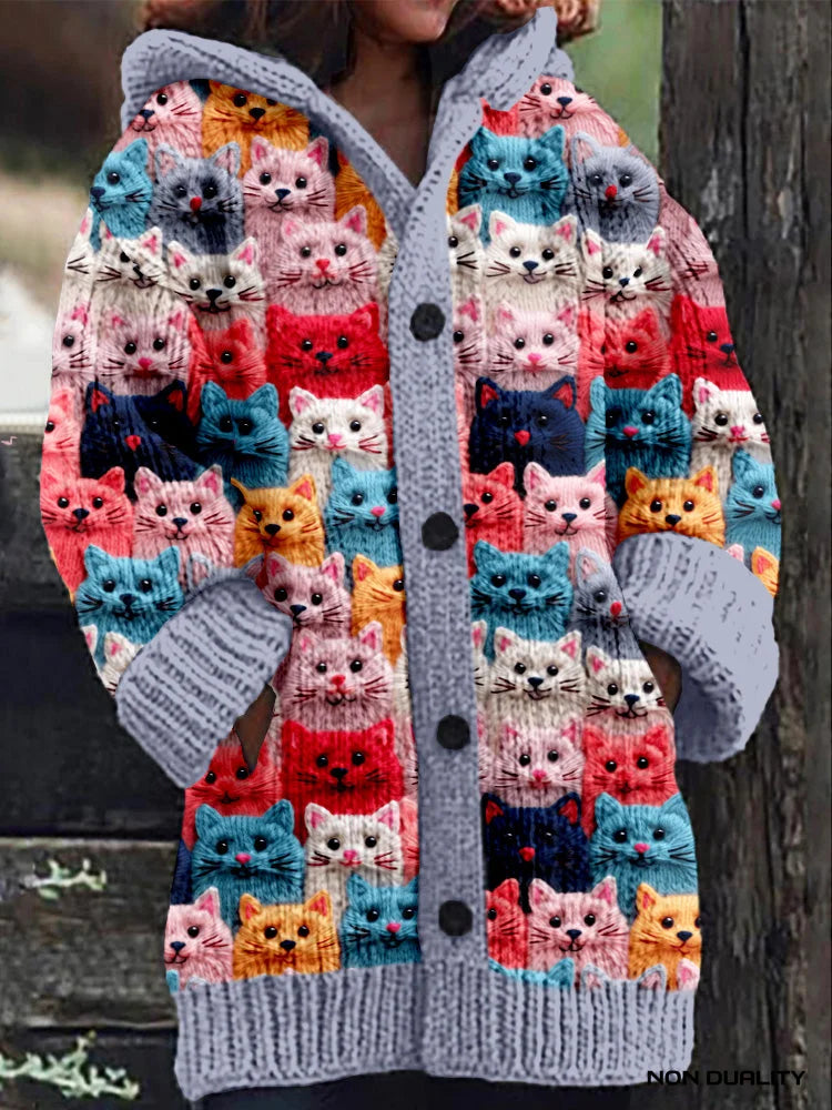 Oversized Cat Pattern Knit Cardigan