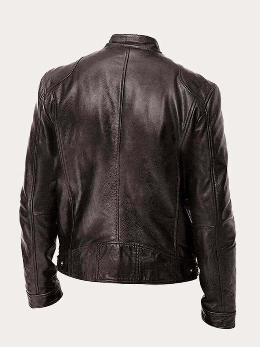 Classic Stand Collar Genuine Leather Biker Jacket
