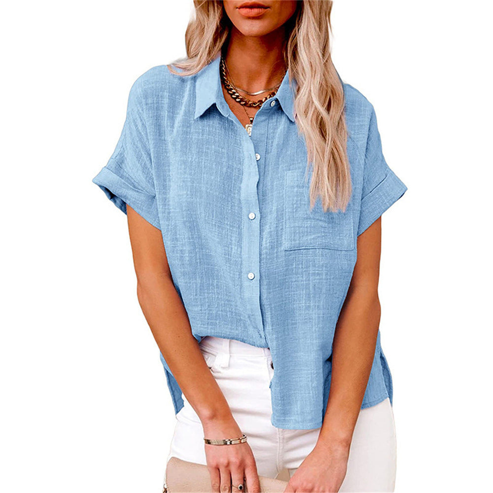 Loose Fit Cotton-Linen Short Sleeve Blouse