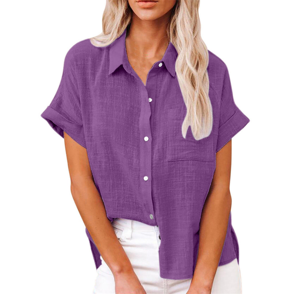 Loose Fit Cotton-Linen Short Sleeve Blouse