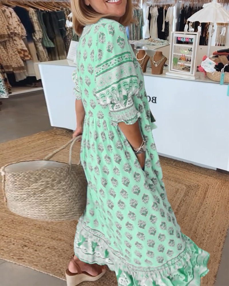 Floral V-Neck Midi Dress with Wrap Skirt