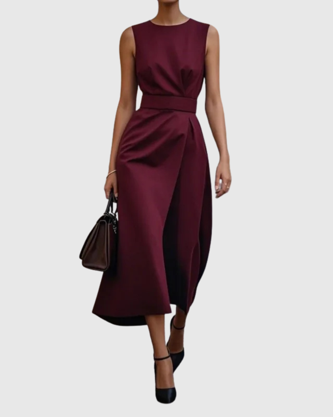 Sleeveless Pleated Waist Midi Dress With Side Slit