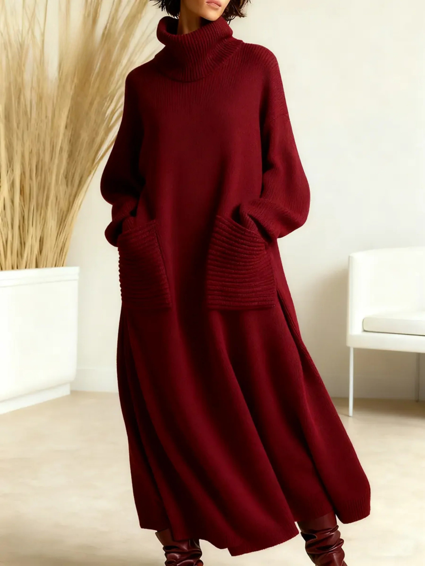 Loose Fit High Neck Knit Maxi Dress