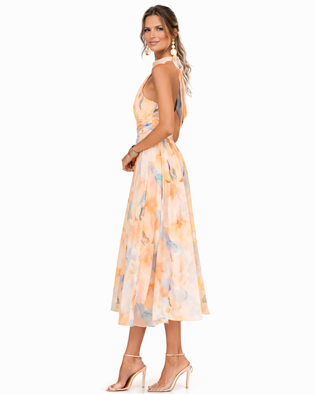 Watercolor Print Halter Neck Maxi Dress