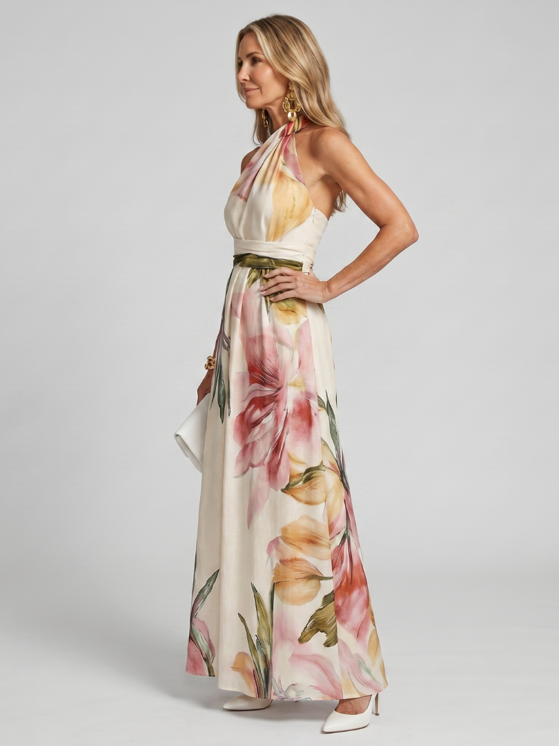 Halter Neck Flowing Maxi Dress with Gathered Bodice