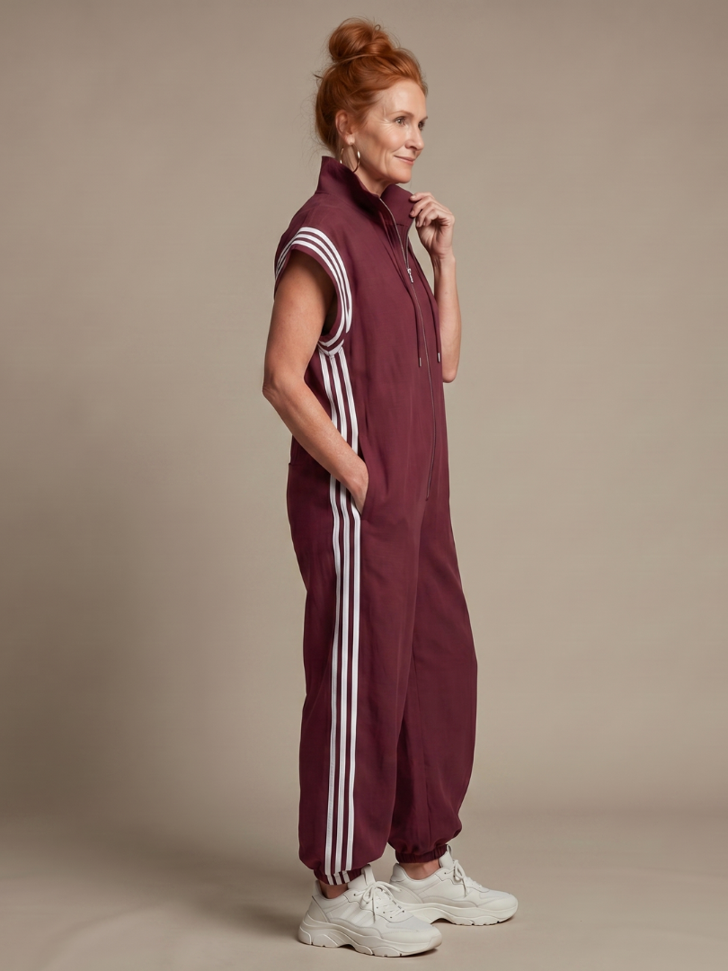 Full Length Zip Front Jumpsuit with Side Stripe Panels