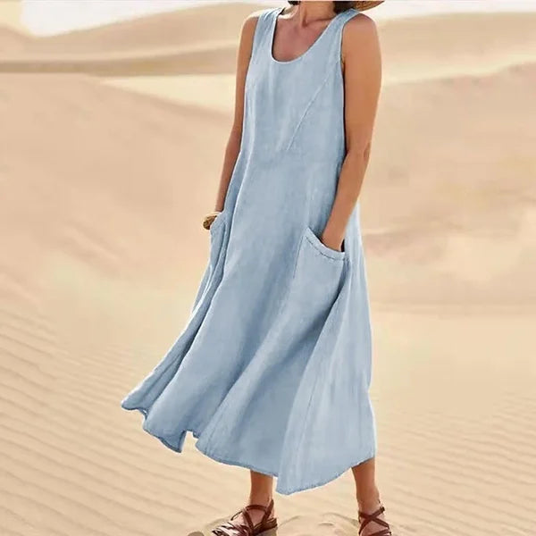 Relaxed Linen Midi Dress With Side Pockets