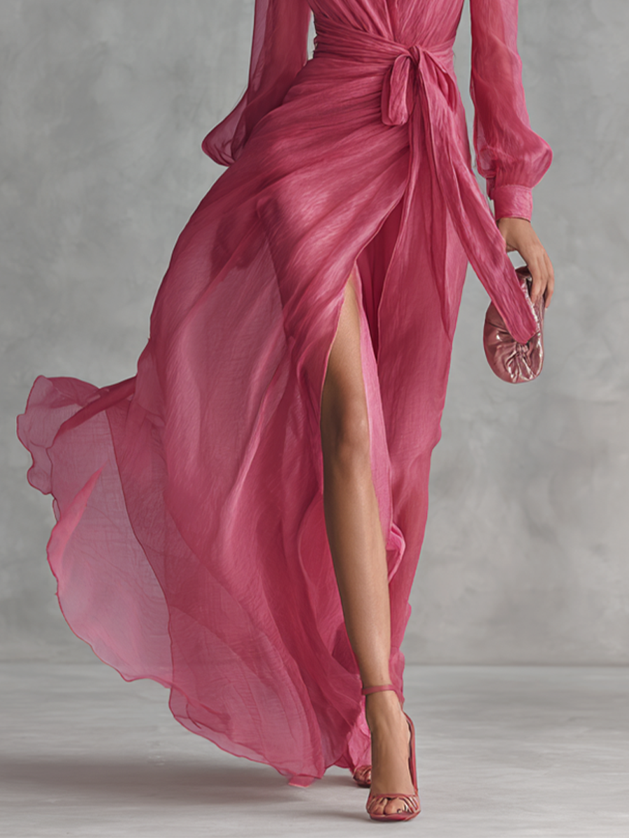 Pearl Chiffon V-Neck Tie-Waist Maxi Dress