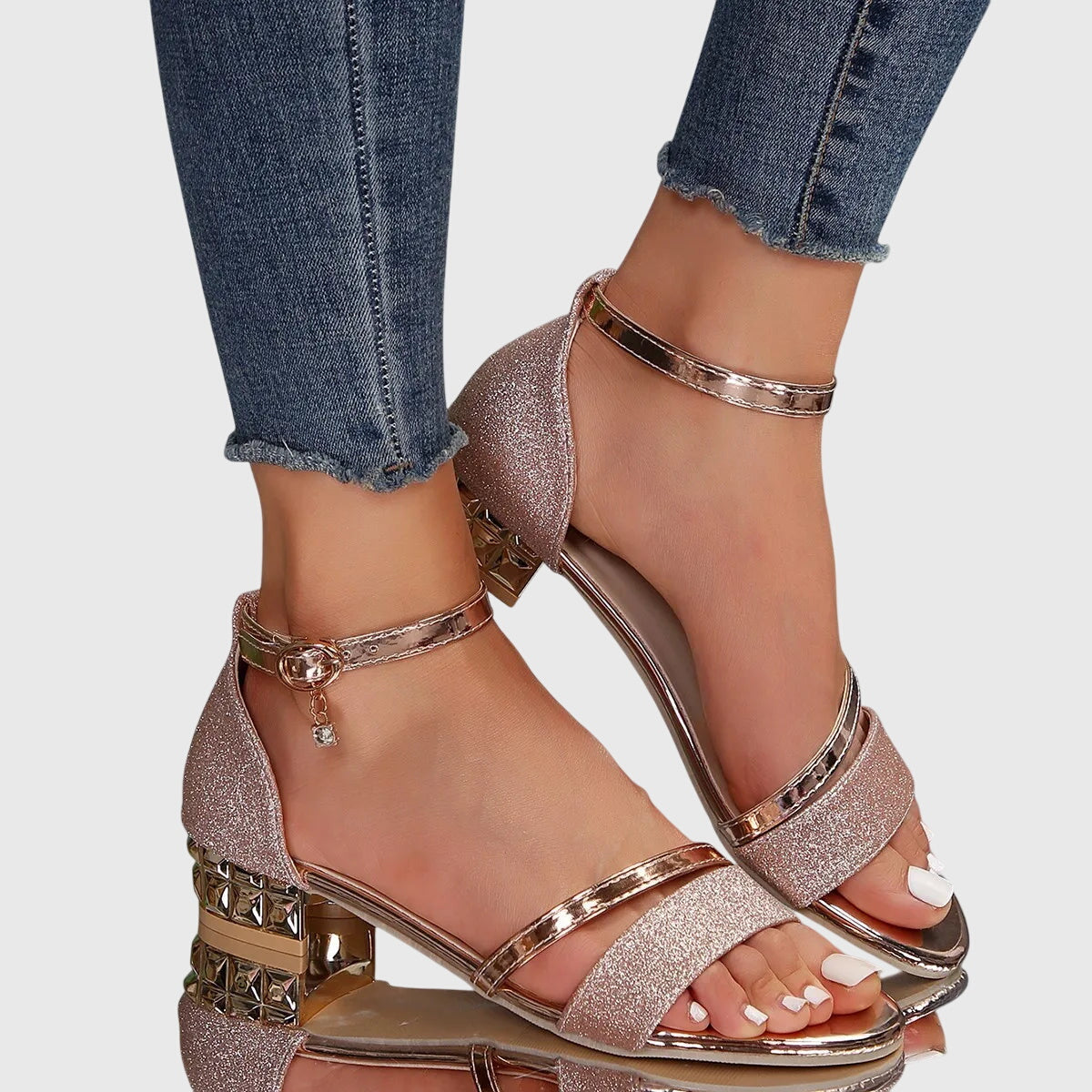 Strappy Block Heel Sandals – Ankle Strap – Metallic Detail