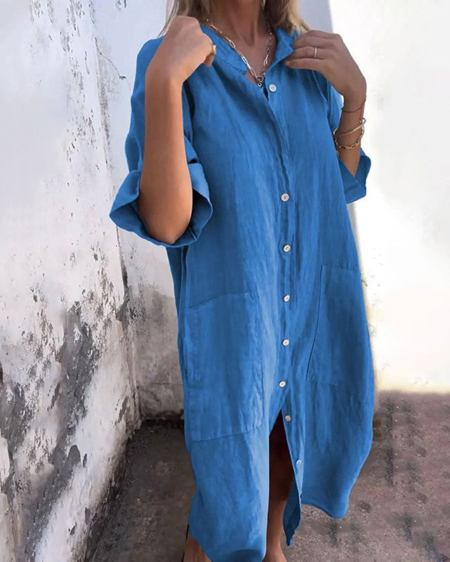 Boho Button-Front Long Sleeve Shirt Dress