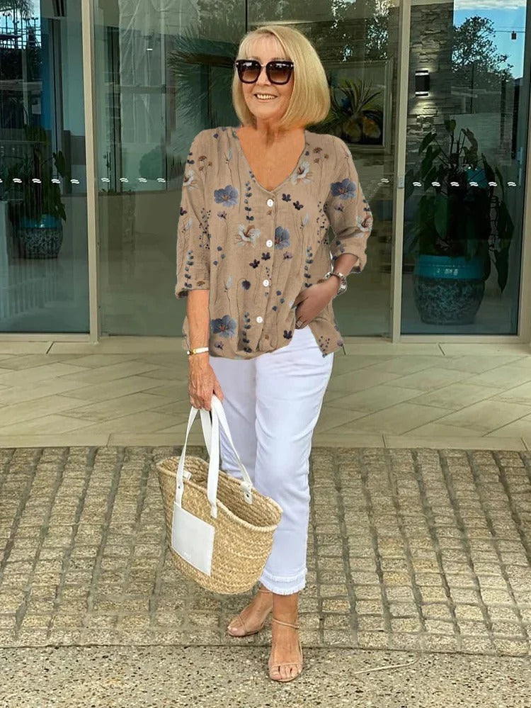 Printed V-Neck Three-Quarter Sleeve Button Blouse