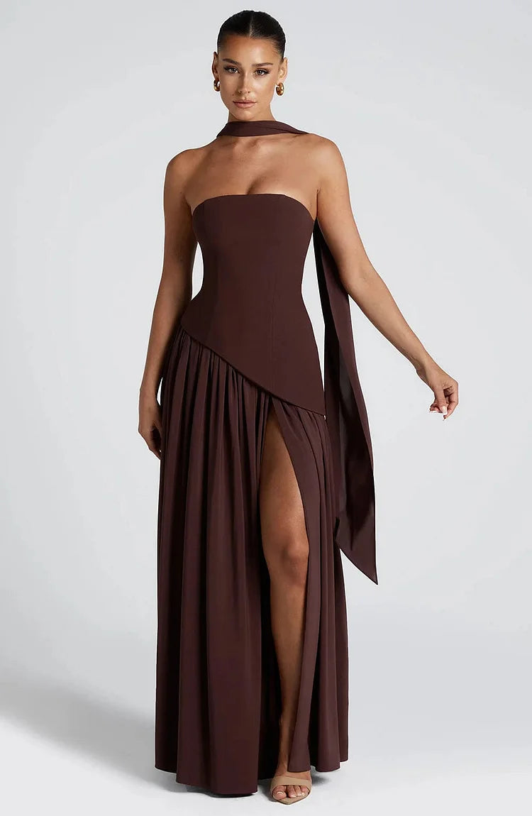 Strapless Asymmetric Hem Chiffon Maxi Dress