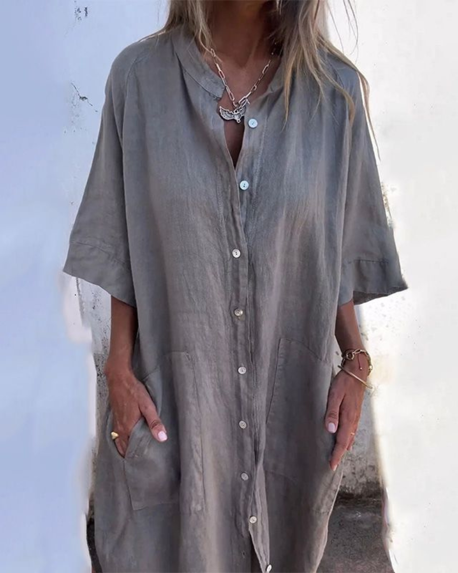 Boho Button-Front Long Sleeve Shirt Dress