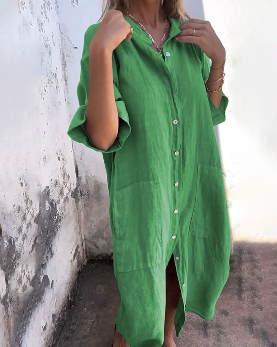 Boho Button-Front Long Sleeve Shirt Dress