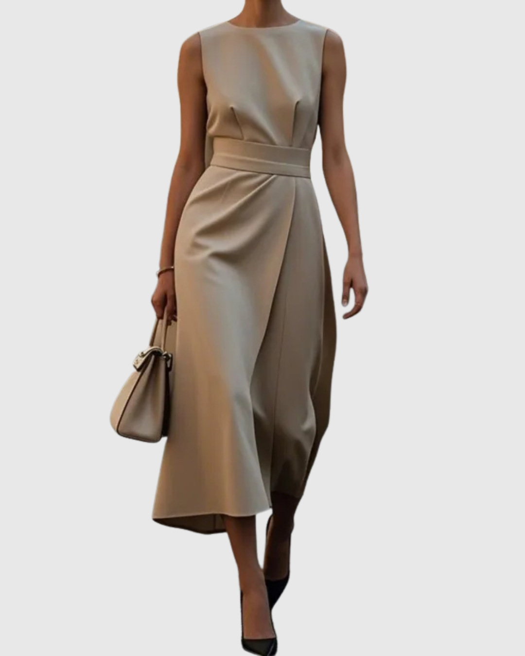 Sleeveless Pleated Waist Midi Dress With Side Slit