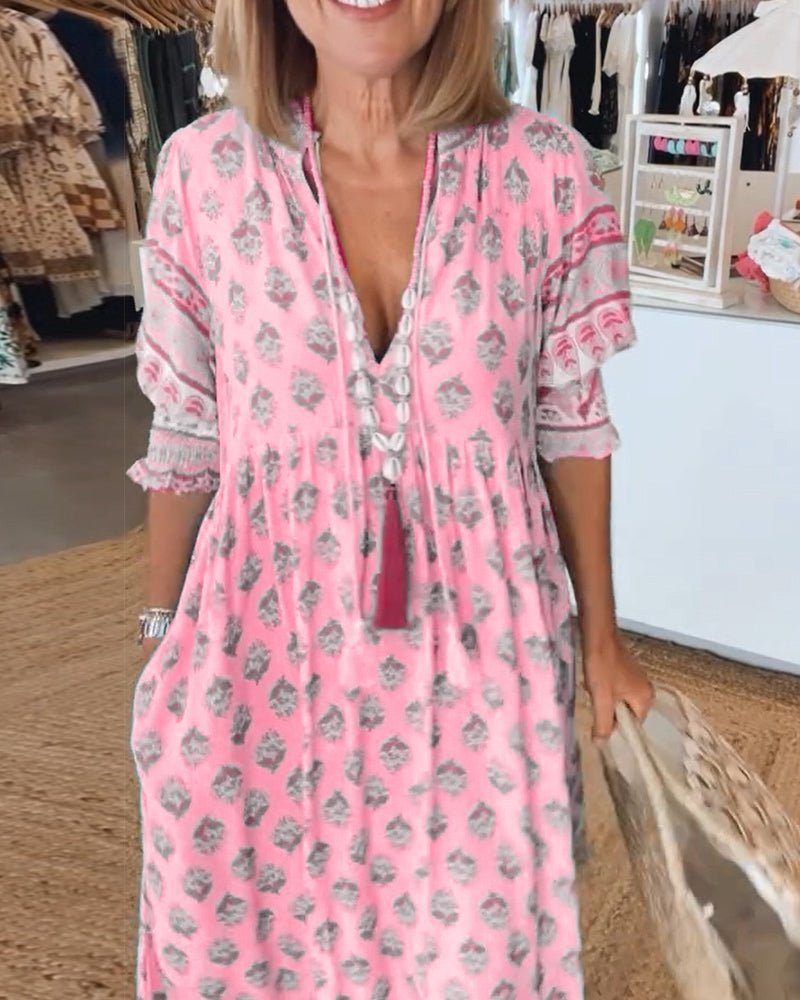 Floral V-Neck Midi Dress with Wrap Skirt