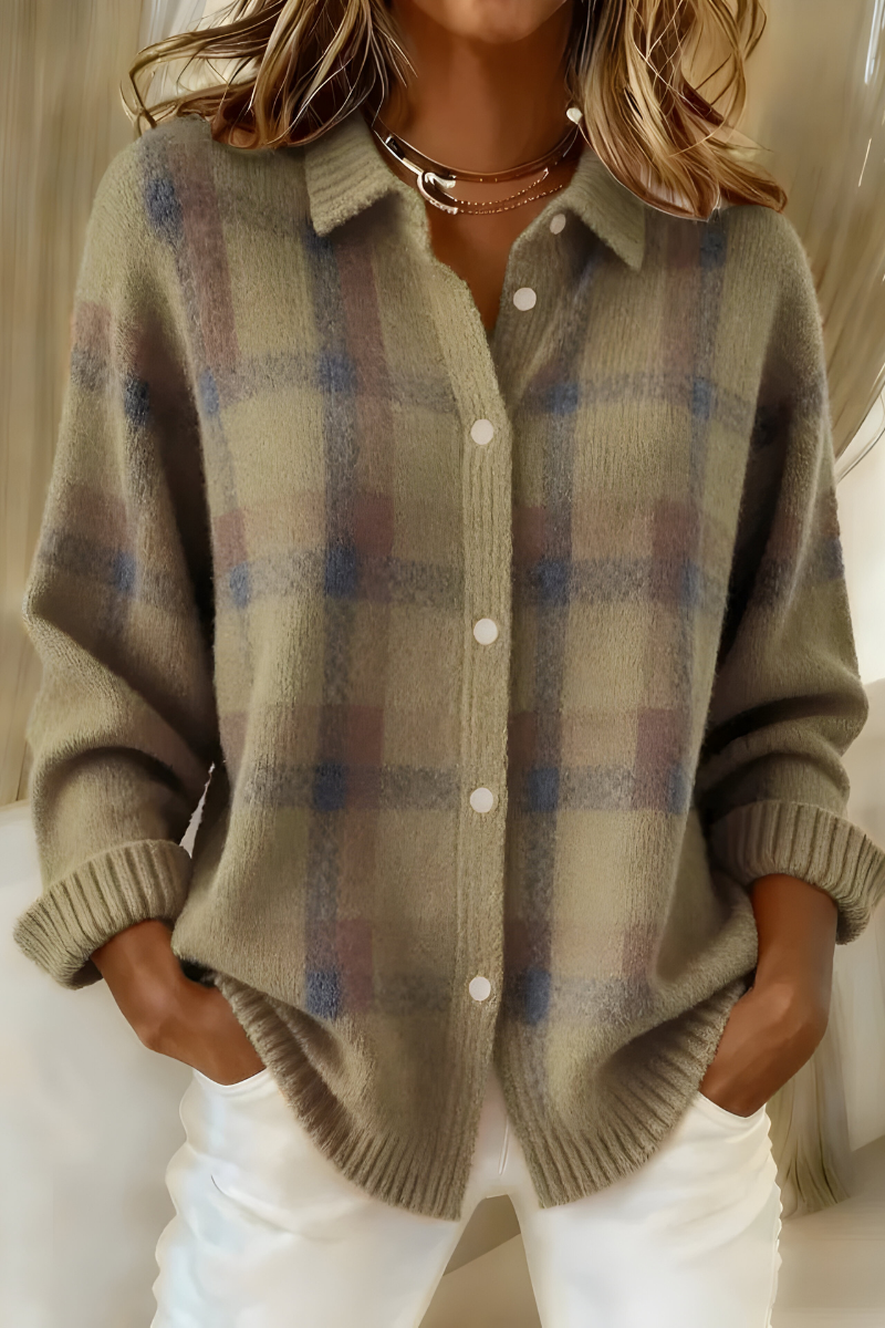 Loose Fit Plaid Cardigan In Soft Retro Knit