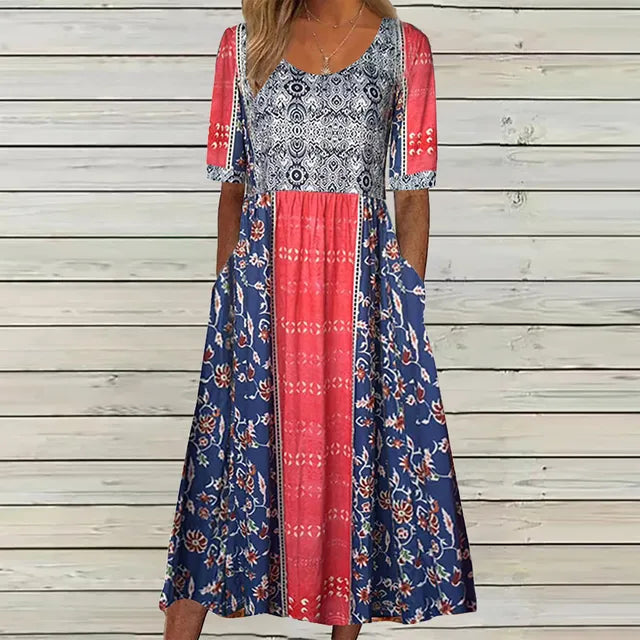Boho Print Midi Dress With Side Pockets