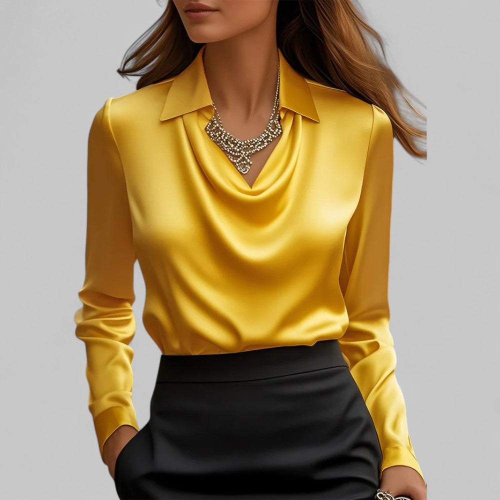 Satin Blouse for Women - Waterfall Neckline Long Sleeve Elegant Top