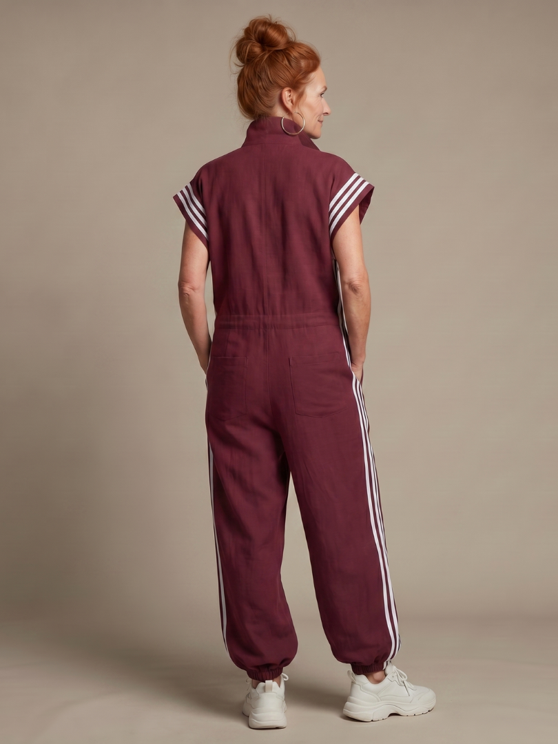Full Length Zip Front Jumpsuit with Side Stripe Panels