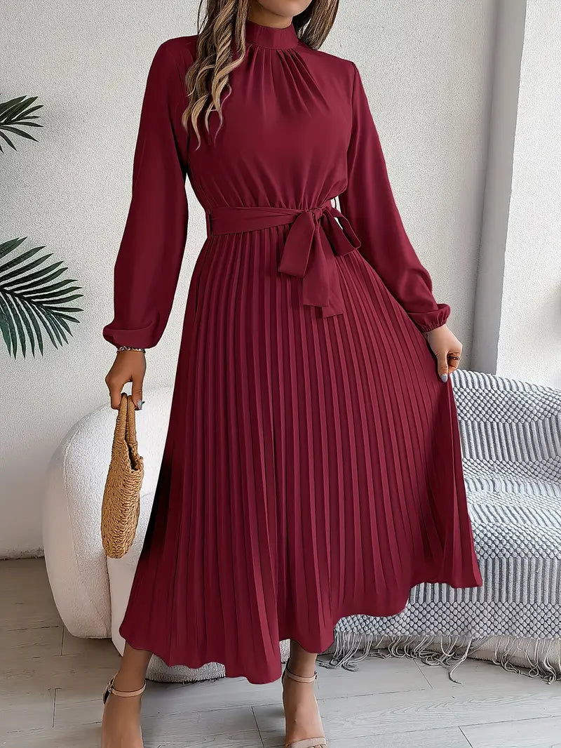 Belted Pleated Midi Dress with Long Sleeves