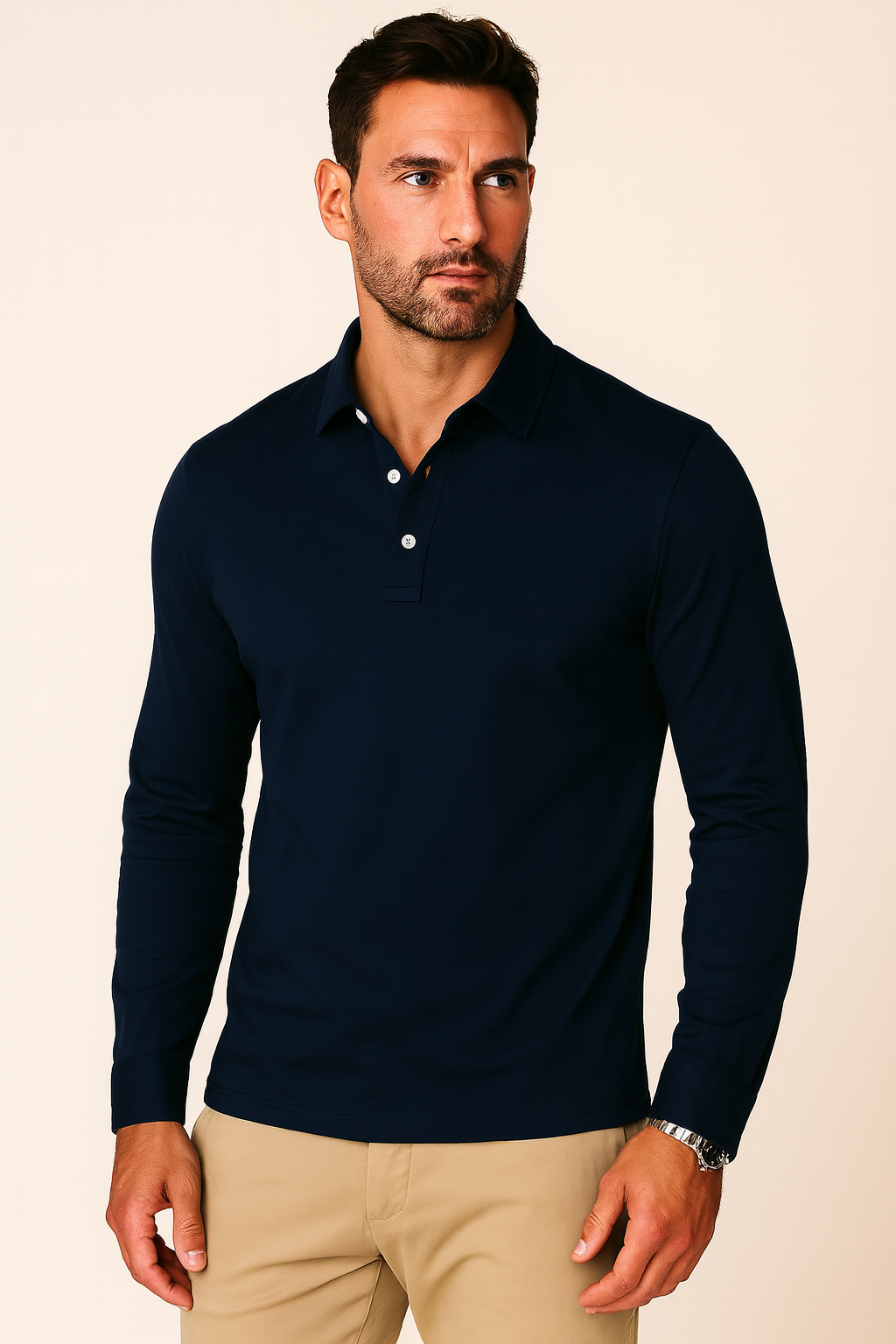Men's Long Sleeve Cotton Polo Shirt With Button Collar