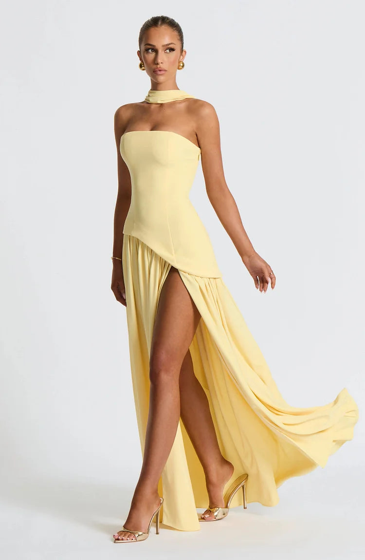 Strapless Asymmetric Hem Chiffon Maxi Dress