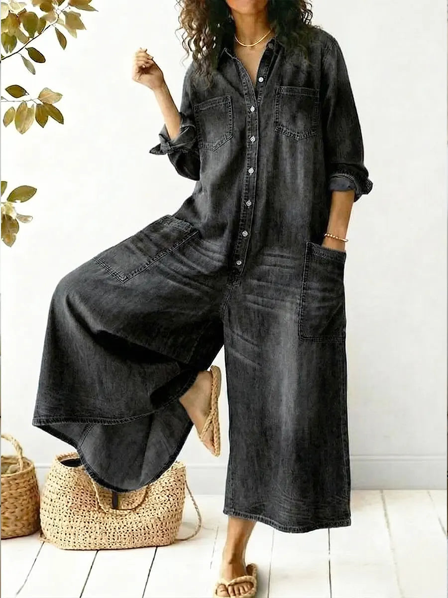 Wide Leg Button-Up Denim Jumpsuit