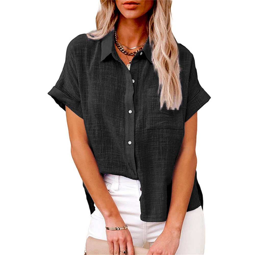 Loose Fit Cotton-Linen Short Sleeve Blouse
