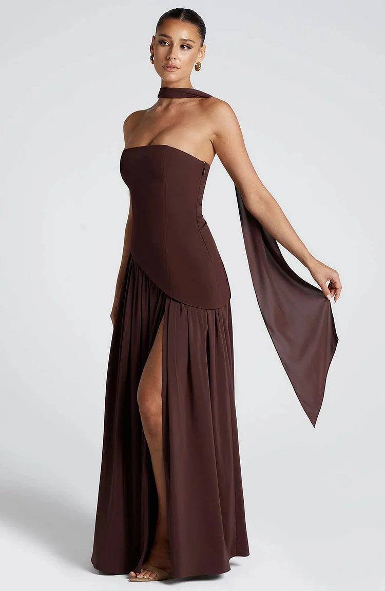 Strapless Asymmetric Hem Chiffon Maxi Dress