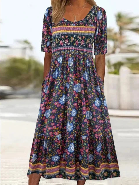 Boho Print Midi Dress With Side Pockets