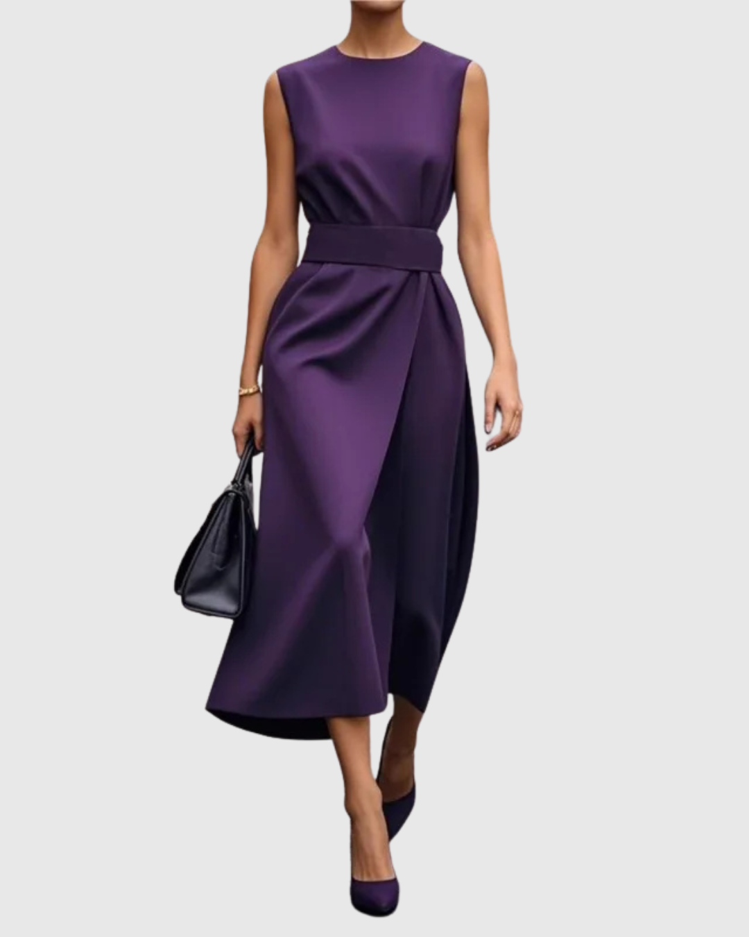 Sleeveless Pleated Waist Midi Dress With Side Slit
