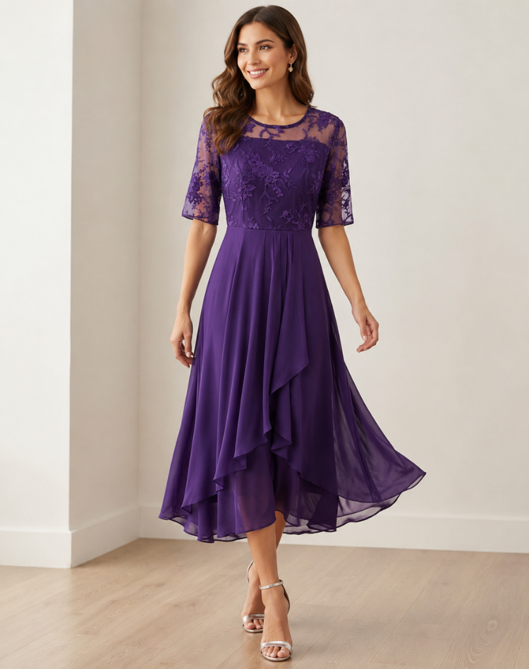 Lace Midi Cocktail Dress With Tulle Hem