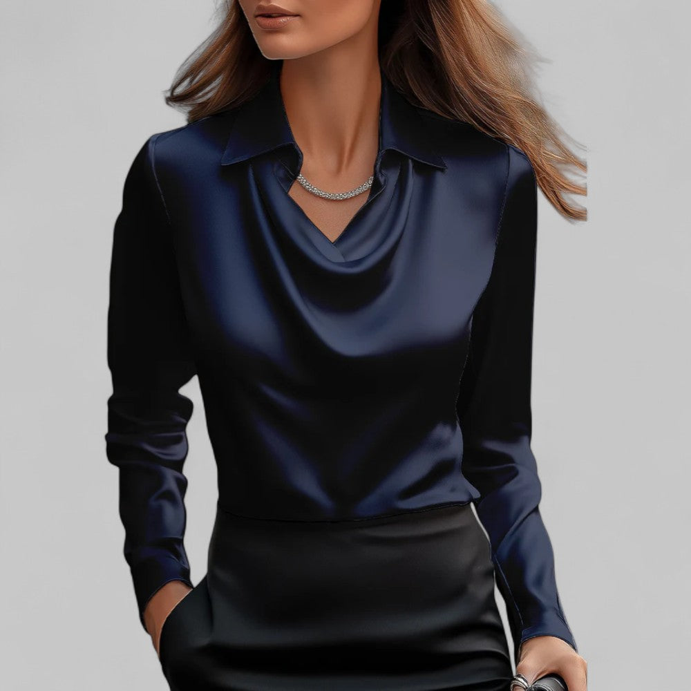 Satin Blouse for Women - Waterfall Neckline Long Sleeve Elegant Top