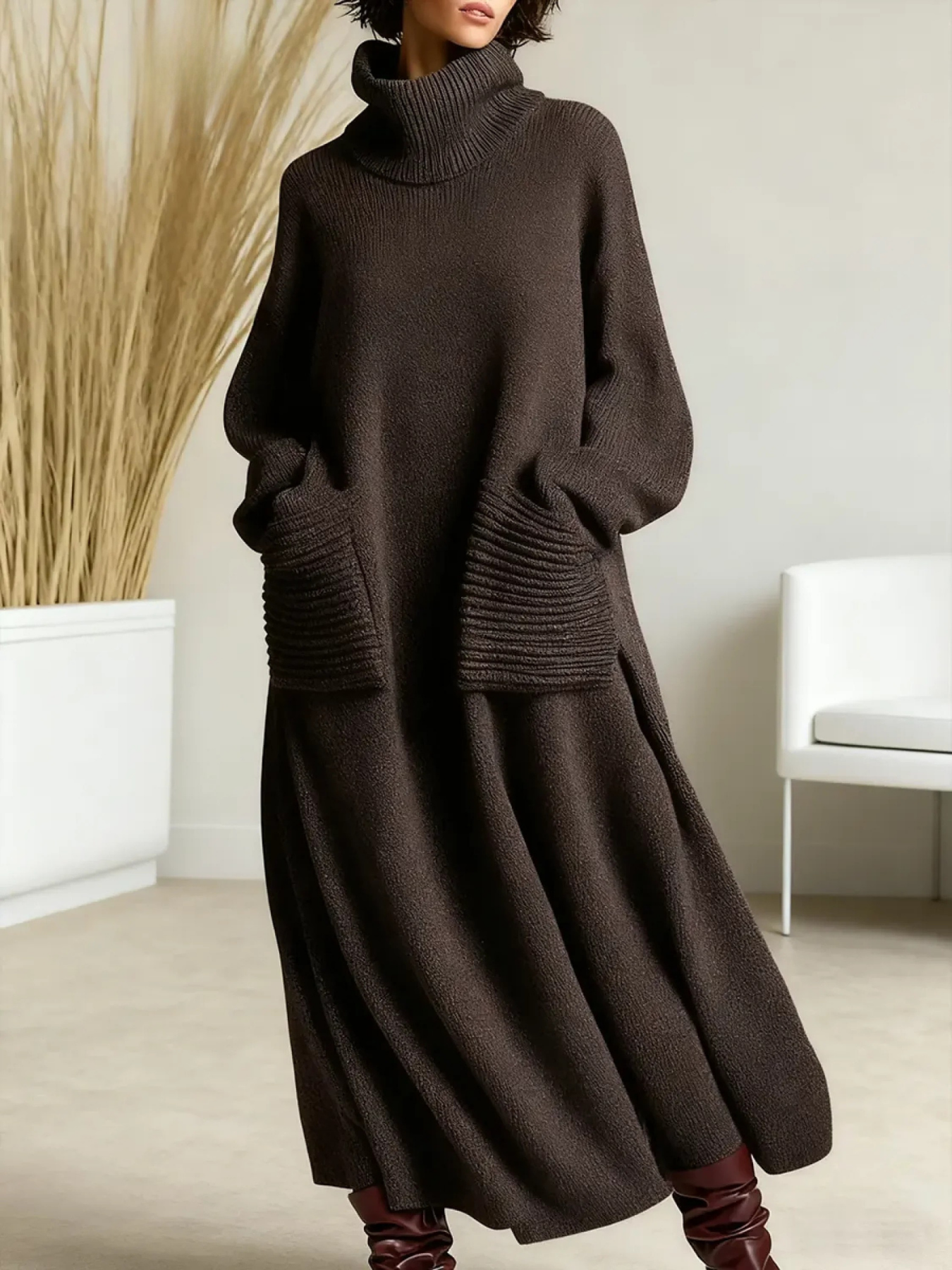 Loose Fit High Neck Knit Maxi Dress