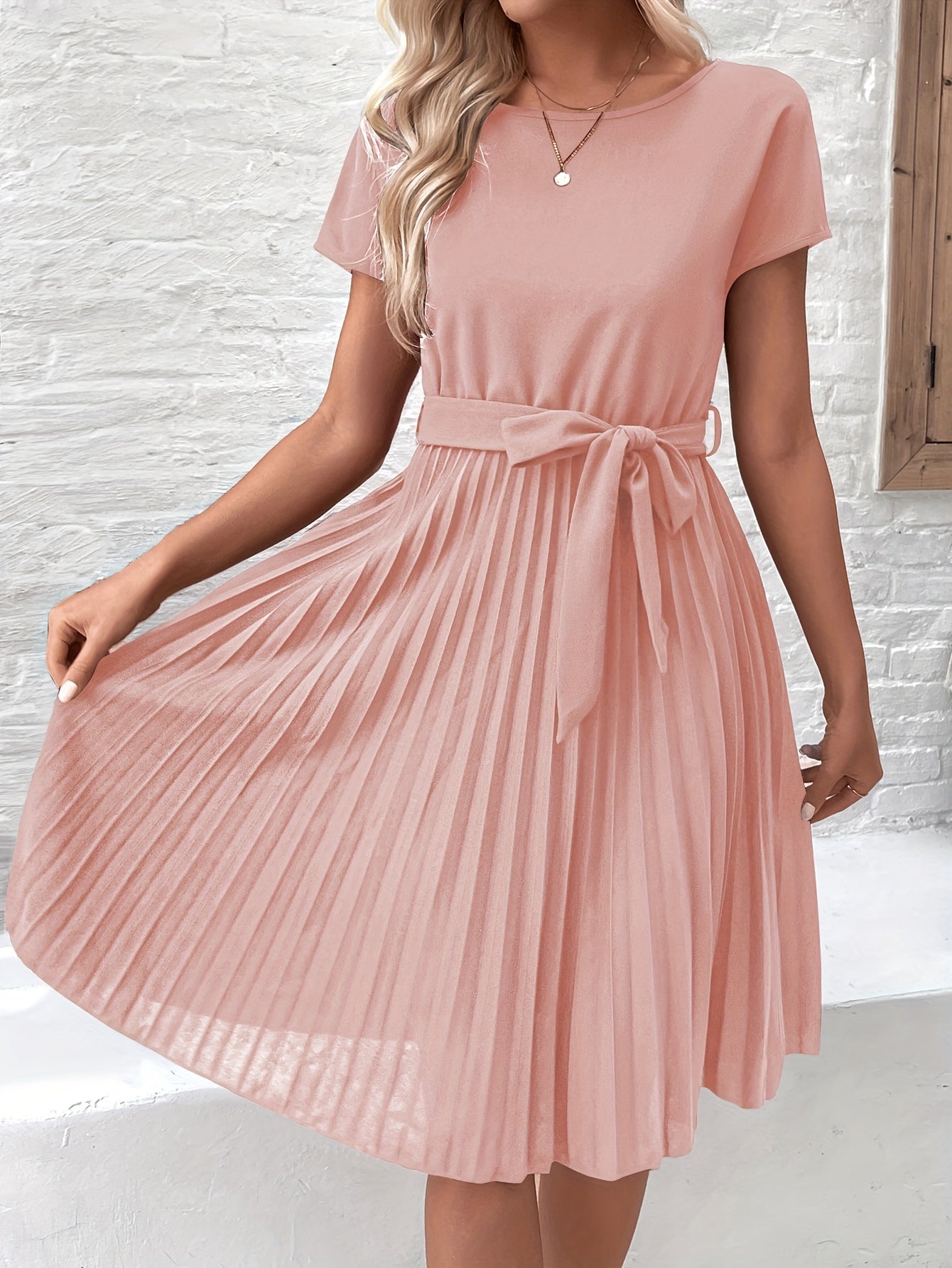Elise Women's Pleated Midi Dress with Short Sleeves and Tie Belt