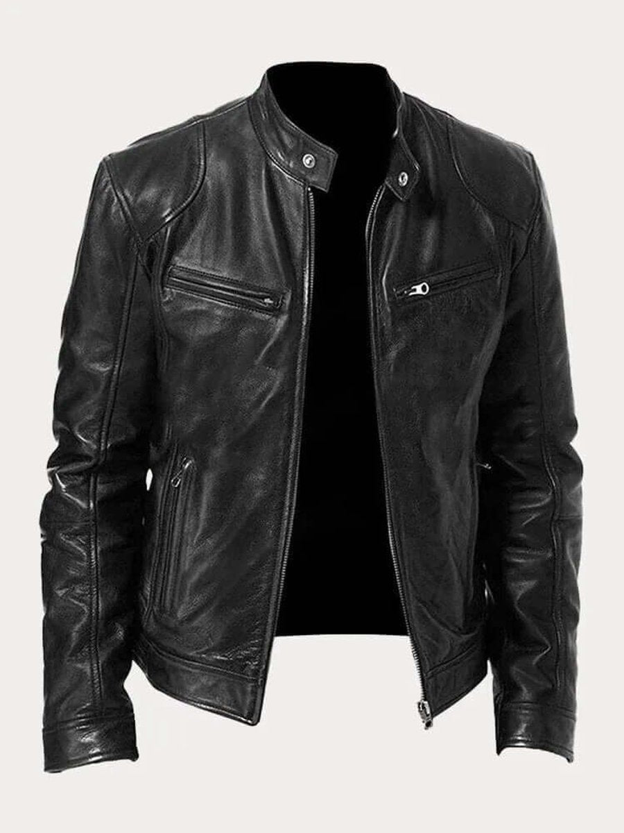 Classic Stand Collar Genuine Leather Biker Jacket