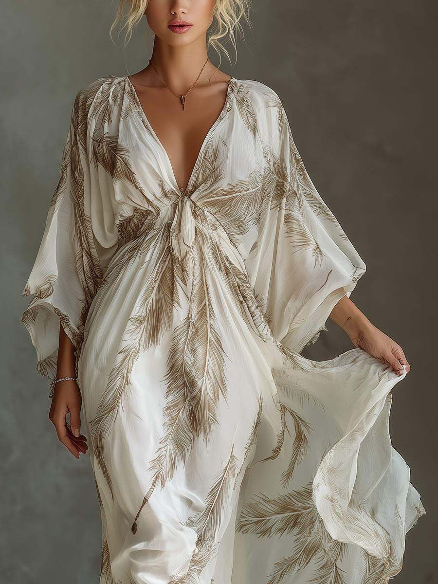 Dolman Sleeve Palm Leaf Print Twist-Front Maxi Dress