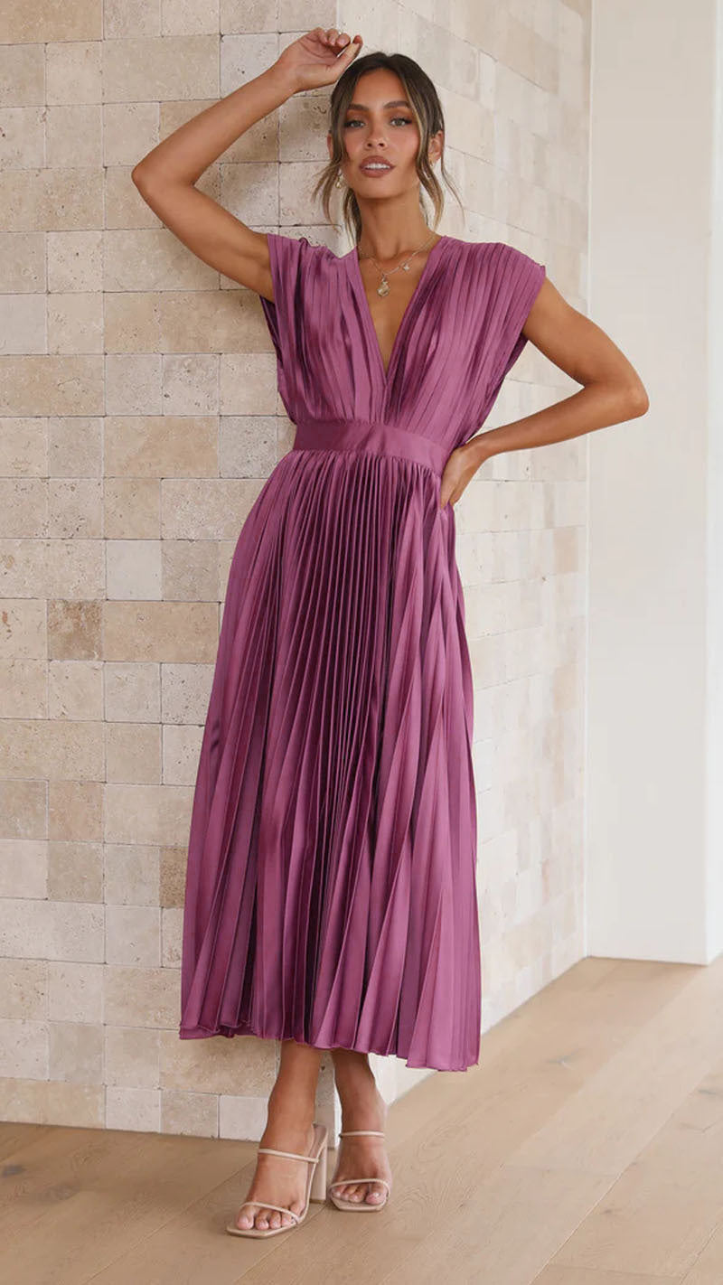 Pleated V-Neck Midi Dress