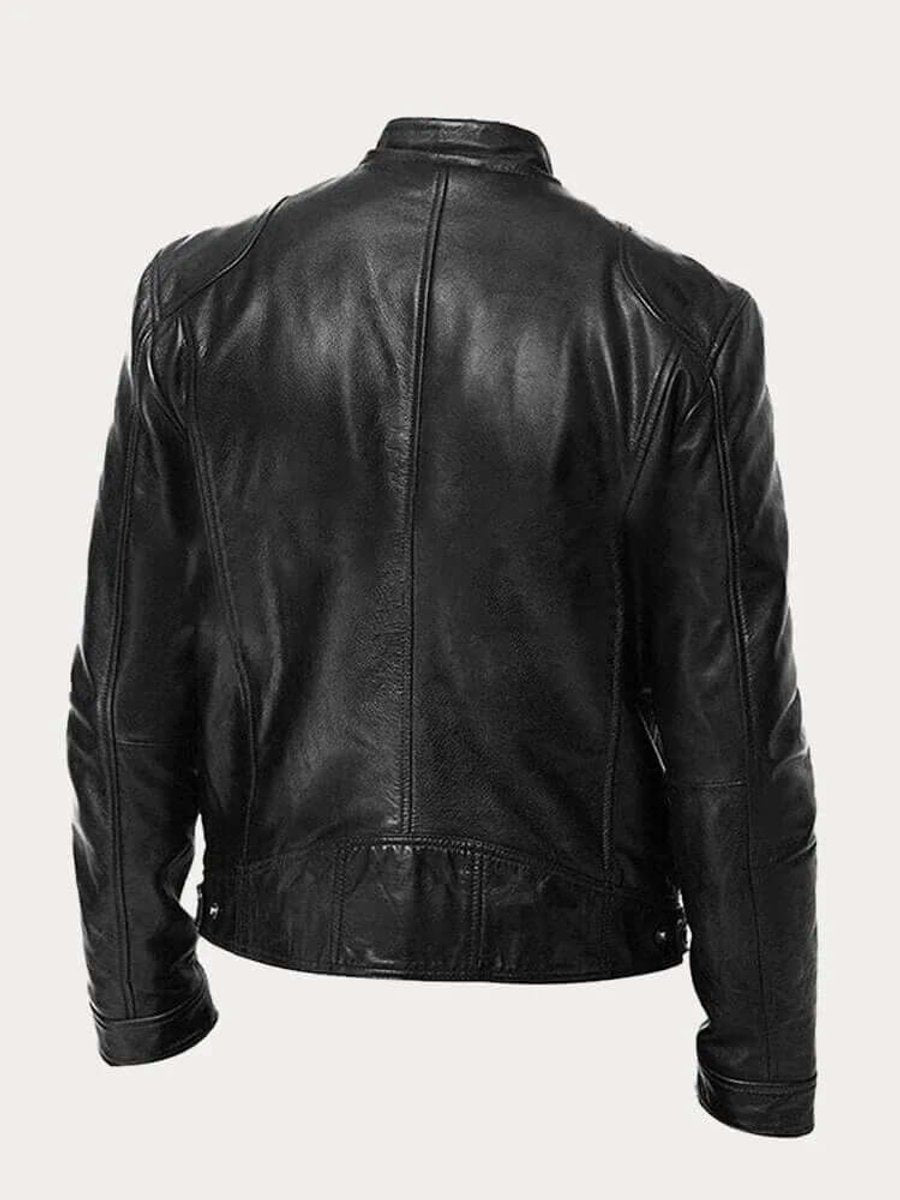 Classic Stand Collar Genuine Leather Biker Jacket