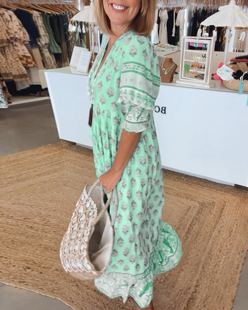 Floral V-Neck Midi Dress with Wrap Skirt