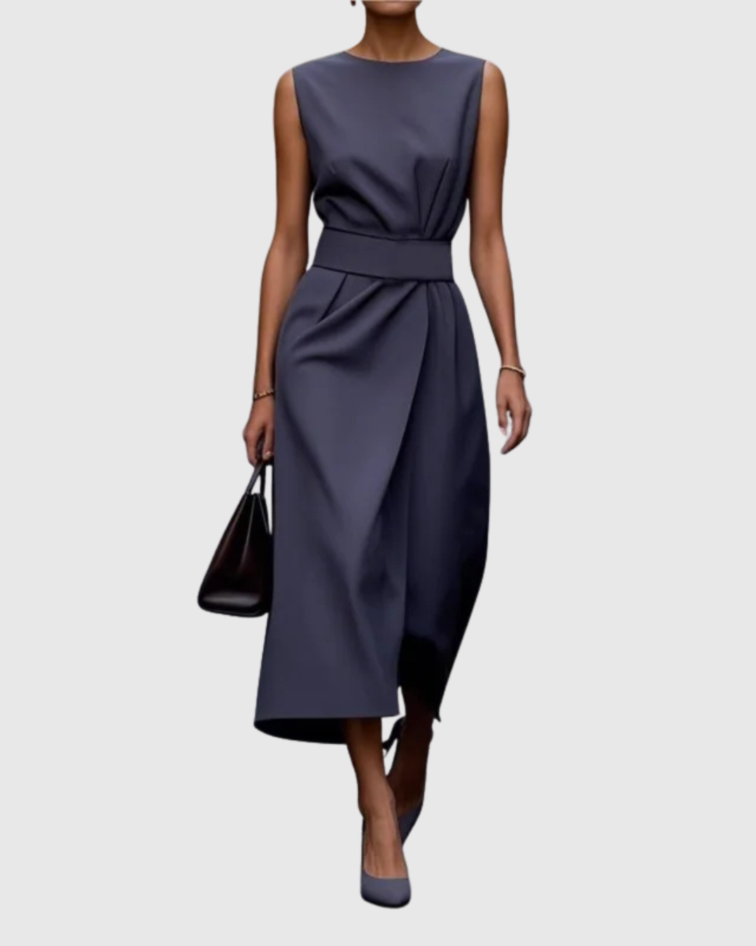 Sleeveless Pleated Waist Midi Dress With Side Slit