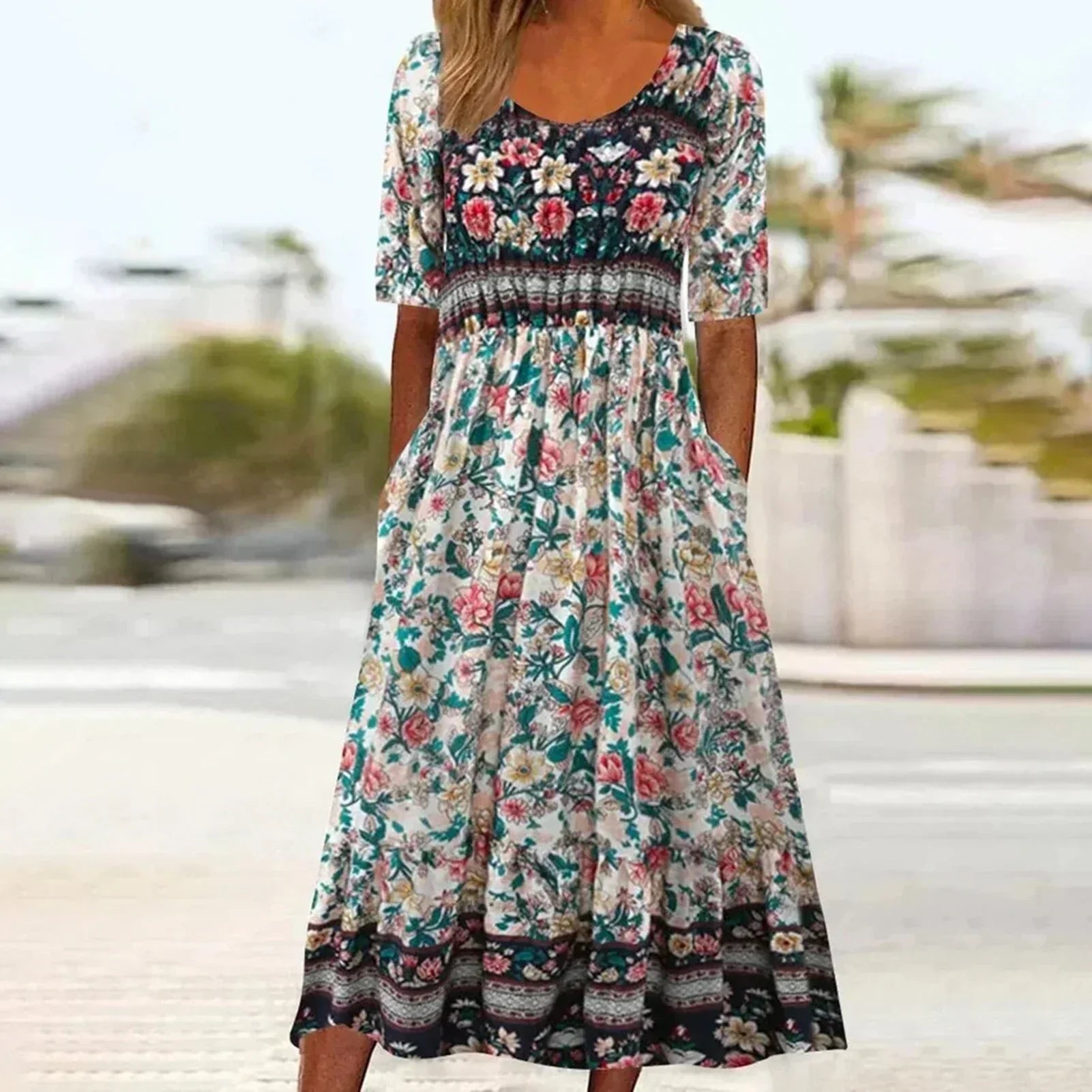 Boho Print Midi Dress With Side Pockets