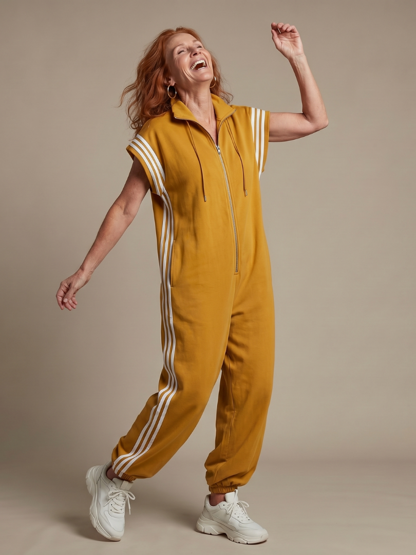 Full Length Zip Front Jumpsuit with Side Stripe Panels