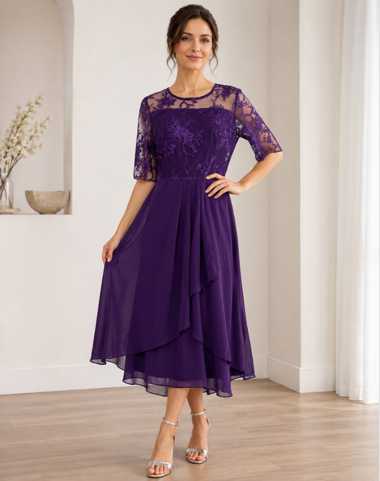 Lace Midi Cocktail Dress With Tulle Hem
