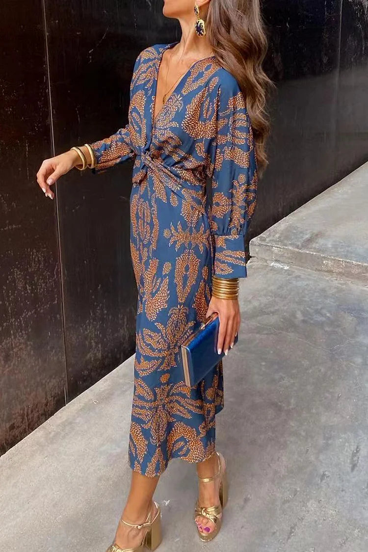 Floral Ruched V-Neck Three-Quarter Sleeve Midi Dress